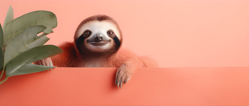Sloth on isolated Soft Coral color background created with Generative AI Technology