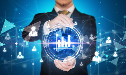 Businessman holdig business icons concept