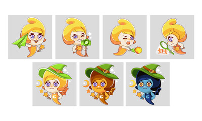 Set of vector stickers of character cute cartoon chibi fairy.