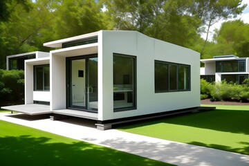 A futuristic illustration of an eco-community neighborhood of innovative contemporary 3D printed sea ranch style cabins. Ai generative.