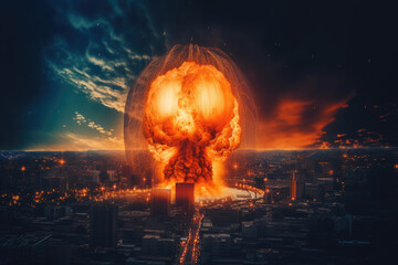 A nuclear fusion bomb explodes over the city in a powerful explosion, launching a nuclear cloud. Generative Ai