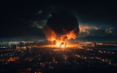 A nuclear fusion bomb explodes over the city in a powerful explosion, launching a nuclear cloud. Generative Ai