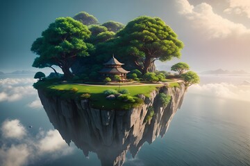Illustration of a fantasy island levitating in sky. Generative ai