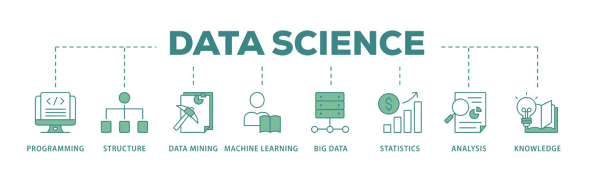 Data science banner web icon vector illustration concept with icon of programming, structure, data mining, machine learning, big data, statistics, analysis, knowledge
