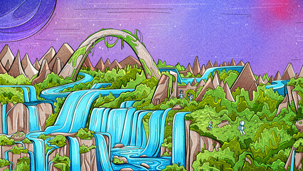 Illustration of alien fantastic landscape in cartoon style.