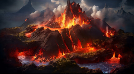 Volcanic Island:  a landscape with a volcanic island, complete with smoking craters, lava flows, and bubbling hot springs.