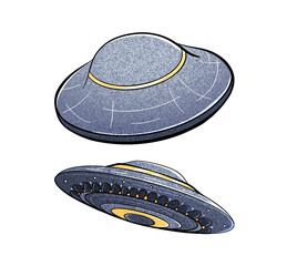 Illustration spaceship flying saucer in cartoon comic style.