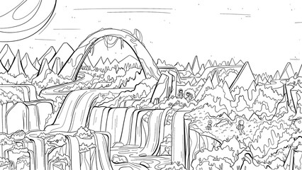 Fototapeta premium Illustration alien fantastic landscape in line style.