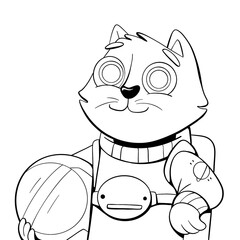 Astronaut cat character illustration in line and doodle style.