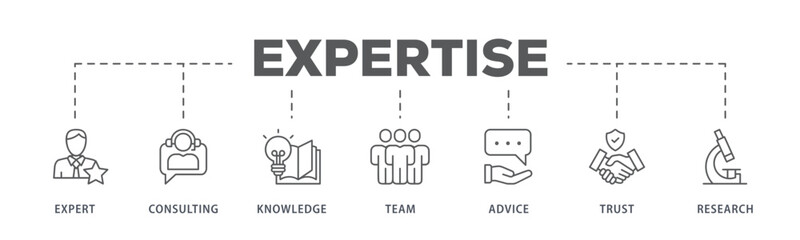 Expertise banner web icon vector illustration concept representing high-level knowledge and experience with an icon of expert, consulting, knowledge, team, advice, trust, and research
