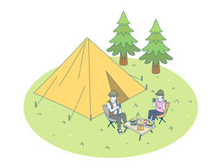 キャンプをするカップルのイラスト　アイソメトリック