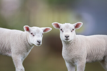 Fototapeta premium Close up portrait of two white lambs