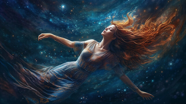 A Lady effortlessly floating in the vast expanse of outer space and wave of her hand Generative AI