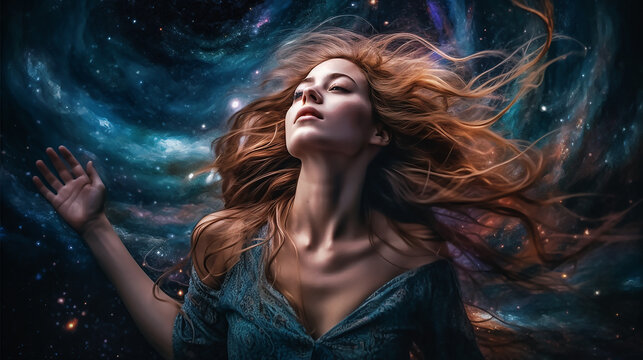 A Lady effortlessly floating in the vast expanse of outer space and wave of her hand Generative AI