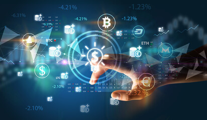 Business person hand pushing currency symbol on multimedia touch screen