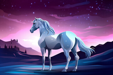 Fototapeta na wymiar The magic horse standing alone in the colorful field, hand drawn & artistic