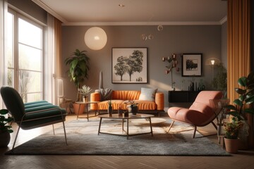 Naklejka na ściany i meble Golden Hour In Modern Living Room Interior Apartment With Orange Sofa And Two Accent Chairs Made With Generative AI