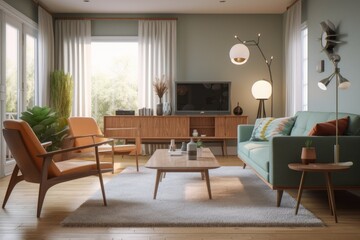 Fototapeta na wymiar Warm Modern Living Room Interior With Teal Sofa And Orange Accent Chair With Wood Accents And Hardwood Floors Made With Generative AI