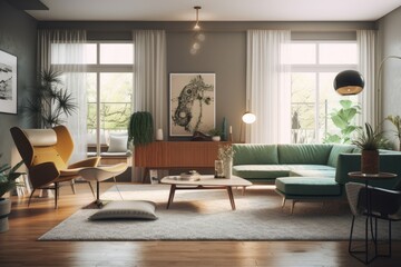 Summer Modern Apartment Interior With Low Profile Sofa And Beautiful Yellow Accent Chair And Sustainable Wood Furniture Made With Generative AI