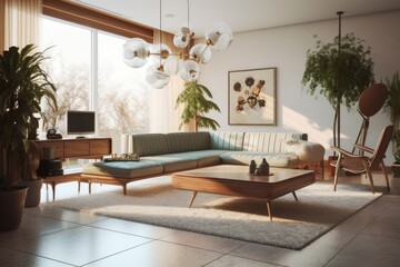 Luxury Mid Century Modern Living Room Interior with Wooden Sustainable Coffee Table and Glass Orb Chandelier Made with Generative AI