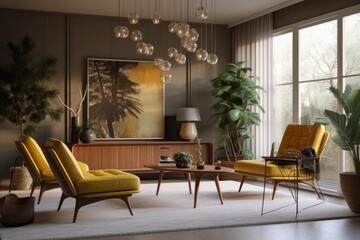 Fototapeta premium Natural Light in Spring Styled Mid Century Modern Interior with Yellow Accent Chairs and Beautiful Light Fixture Made with Generative AI