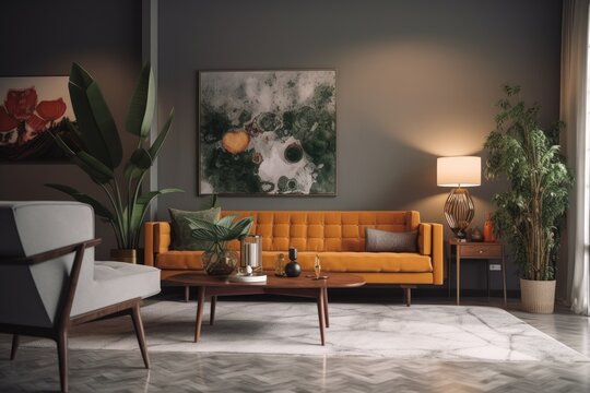 Moody Apartment Living Room Interior with Beautiful Orange Sofa and Light Grey Fabric Accent Chair and Wall Art Made with Generative AI