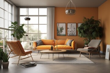 Interior Design Staged Family Room Apartment with Orange Sofa and Large Indoor Tree with Grid Windows Made with Generative AI