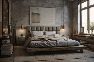 Evenly Lit Primary Bedroom Interior with Staged Spring Furniture and Wall Sconces Made with Generative AI