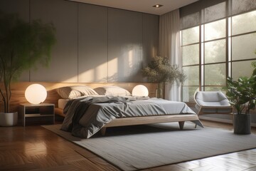 Morning Sun Shining in Bedroom Interior with Indoor Tree and Sustainable Wood Windows Made with Generative AI
