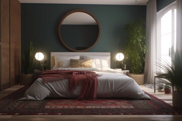 Staged Spring Mid Century Modern Bedroom Interior with Round Wood Mirror and Mauve Throw Blanket Made with Generative AI