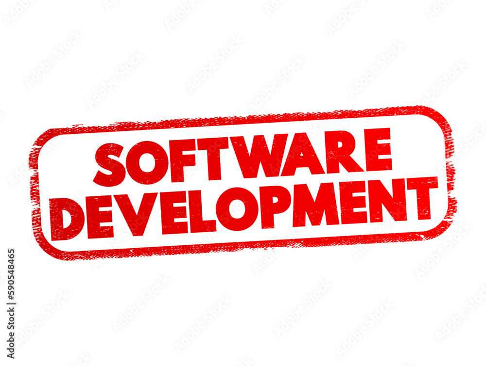 Poster Software Development - set of computer science activities dedicated to the process of creating, designing and supporting software, text concept stamp
