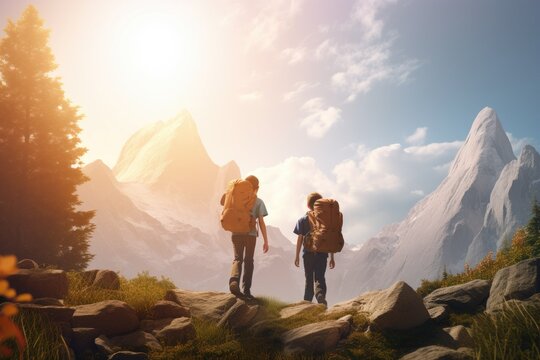 Father and Son Hiking in Wilderness with Rocky Mountain Views at Sunset Bonding Activity Made with Generative AI