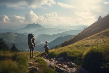 Obraz premium Father and Son Hiking Through Grass Mountaintop with Blue Ridge Mountains Made with Generative AI