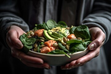 Woman's Hands Crafting Nutritious Salad.
Generative AI