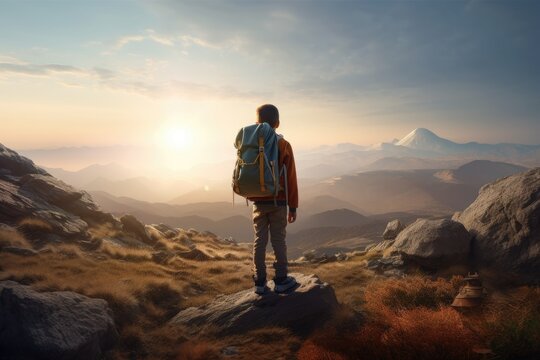 Young Hiker Standing on Rocks with a Valley Landscape View Made with Generative AI