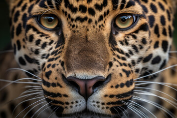 Fototapeta na wymiar full frame close up piercing eyes of a magnificent exotic big cat or feline like a leopard, such as a central american jaguar or panthera onca, found in the pantanal of Brazil, generative AI