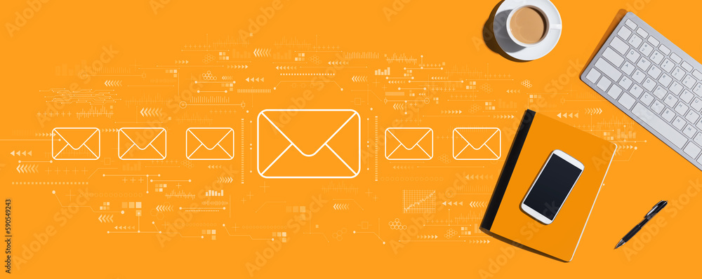Poster email concept with a computer keyboard and office items