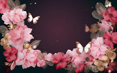 Beautiful pink flowers and butterflies on dark background with place for text. Generative AI