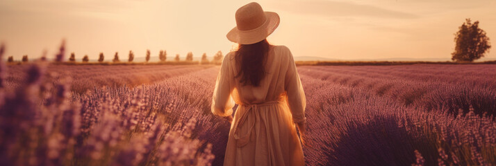 Young woman walks through the lavender fields and enjoys sunset - Generative AI