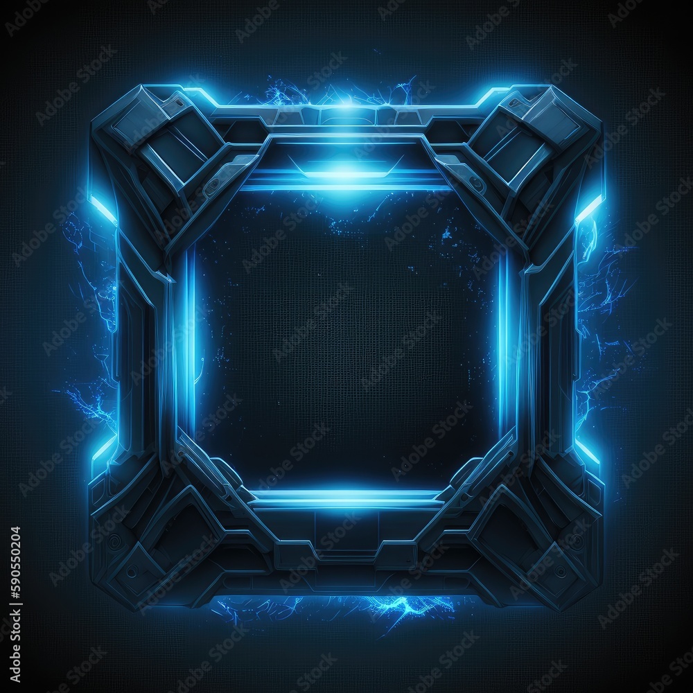 Poster abstract of glowing futuristic square frame illuminated with neon blue color light. concept of futur