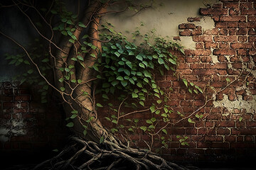 Tree with green leaves on brick wall, background, Generative AI