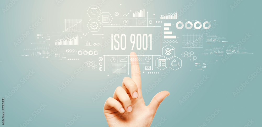 Poster iso 9001 theme with hand pressing a button on a technology screen