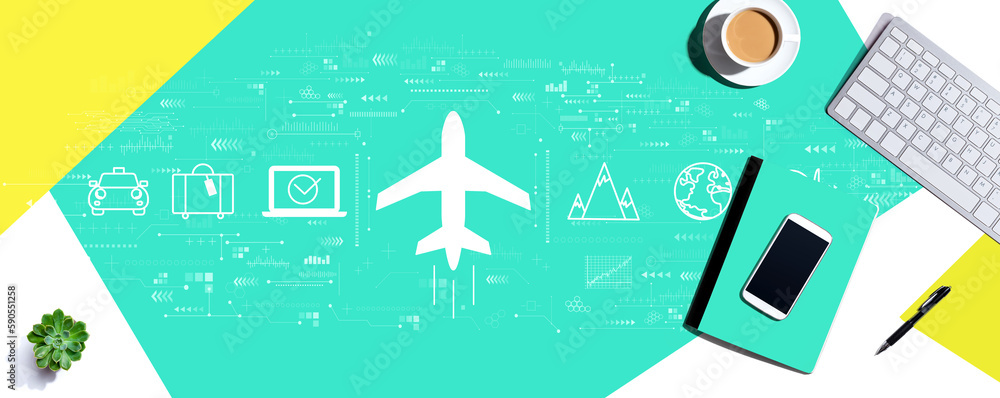 Poster flight ticket booking concept with a computer keyboard and office items