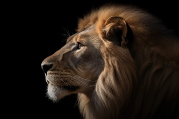 Lion portrait on dark background. Animal photography. Generative AI.