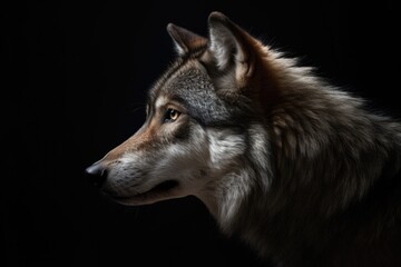 Fototapeta premium Wolf portrait on dark background. Animal photography. Generative AI.