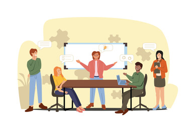 Business characters team working in office, people working together in the company, meeting, discusion, brainstorming Vector flat cartoon design illustration isolated on the white background