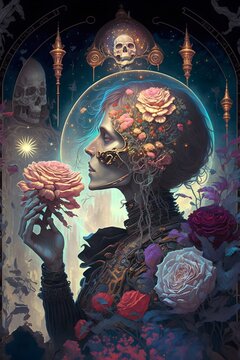 Garden of skulls and roses in space realistic by Alfons Maria Mucha 