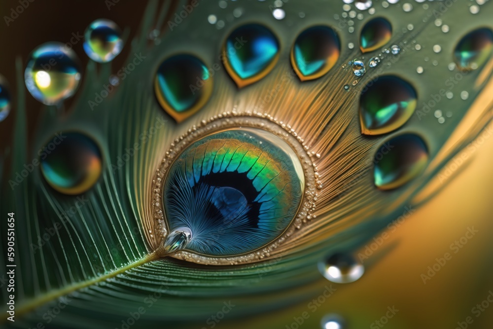 Poster a single drop of water on a macro photograph of an unusual peacock feather. generative ai