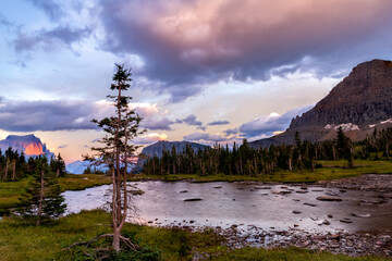 Sunset over lake in the mountains 
