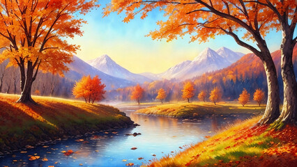 Autumn landscape, digital watercolor painting, Generative AI